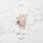 ウォーターカラーのピンクの花束の結婚式のお礼 ボトルネックタグ (正面)