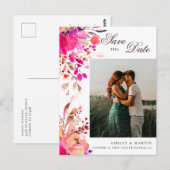 ウォーターカラーのピンクの花柄の結婚式のSave the Date ポストカード (正面/裏面)