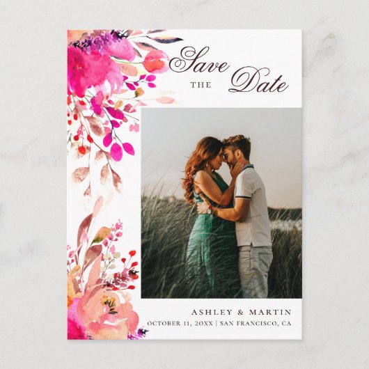 ウォーターカラーのピンクの花柄の結婚式のSave the Date ポストカード (正面)