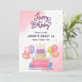 ウォーターカラーのピンクバルーン スイート16 誕生日 招待状 (スタンド正面)