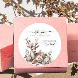 ウォーターカラーのピンクフラワーデザインの"oh deer" ベビーシャワー ラウンドシール