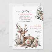 ウォーターカラーのピンクフラワーデザインの"oh deer" ベビーシャワー 招待状 (正面)