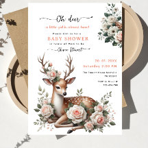 ウォーターカラーのピンクフラワーデザインの"oh deer" ベビーシャワー 