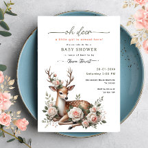 ウォーターカラーのピンクフラワーデザイン oh deer ベビーシャワー 