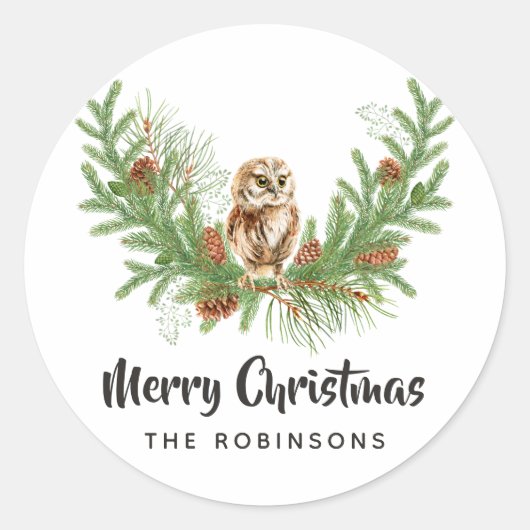ウォーターカラーのフクロウ クリスマス ラウンドシール (正面)