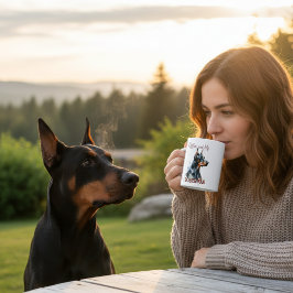 ウォーターカラーのブラックとブラウンのコーヒーとドーベルマン コーヒーマグカップ