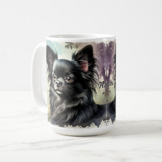 ウォーターカラーのブラックロングコートチワワ コーヒーマグカップ