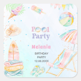 ウォーターカラーのプールパーティー 誕生日サマー ペーパープレート スクエアシール