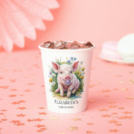 ウォーターカラーのベイビーピッグと野の花のベイビーシャワー 紙コップ