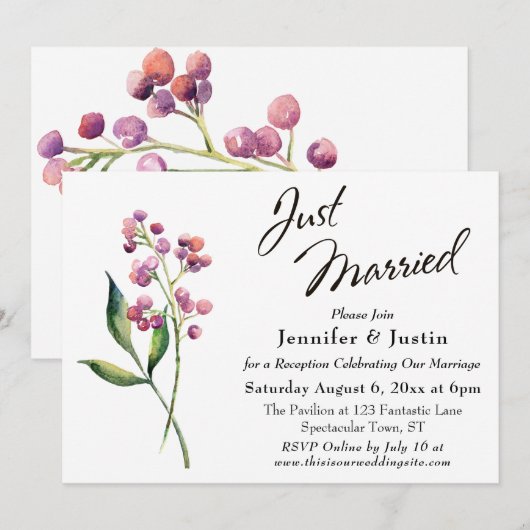ウォーターカラーのベリーと芽のJust Marriedタイポグラフィー 招待状 (正面/裏面)