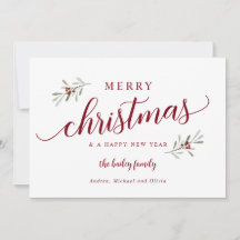 ウォーターカラーのホリデーアイビーのフォトなしクリスマスカード