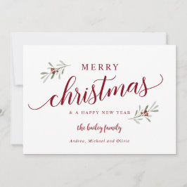 ウォーターカラーのホリデーアイビーのフォトなしクリスマスカード シーズンカード