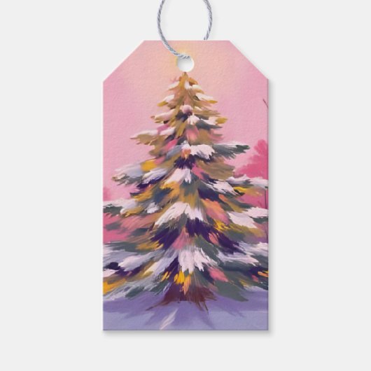ウォーターカラーのホリデー メリー ピンク クリスマス ギフトタグ (正面)