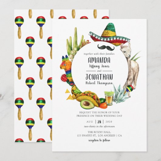 ウォーターカラーのメキシコフィエスタの結婚式 招待状 (正面/裏面)