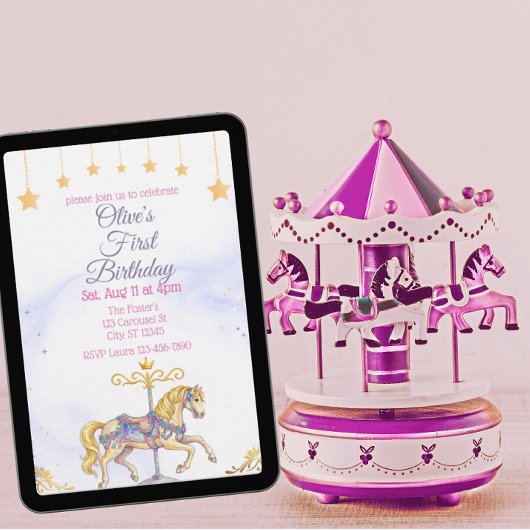 ウォーターカラーのメリーゴーラウンドの馬 ピンク ゴールド 誕生日 招待状