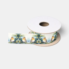 ウォーターカラーのモミの枝にいるコマドリのリボン サテンリボン
