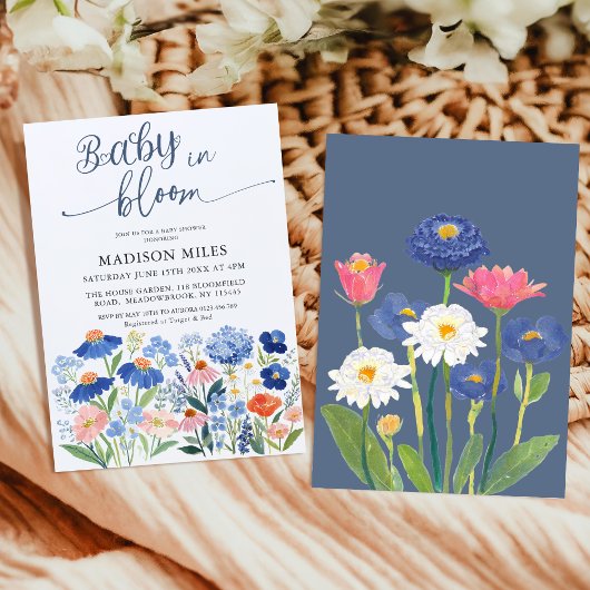 ウォーターカラーのヤグルマギクの草原 Baby in Bloom シャワー 招待状