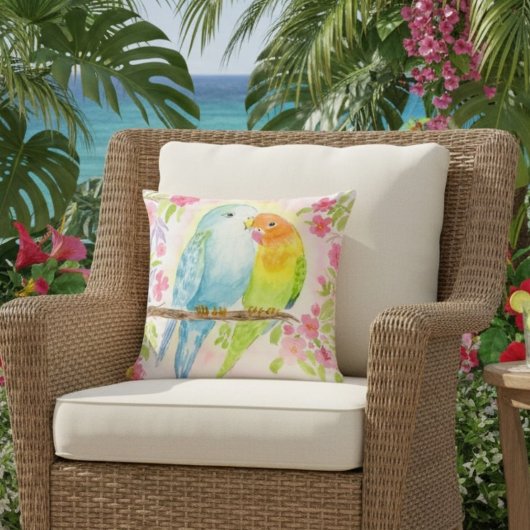 ウォーターカラーのラブバードとピンクの花 クッション