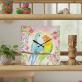 ウォーターカラーのラブバードとピンクの花 スクエア壁時計