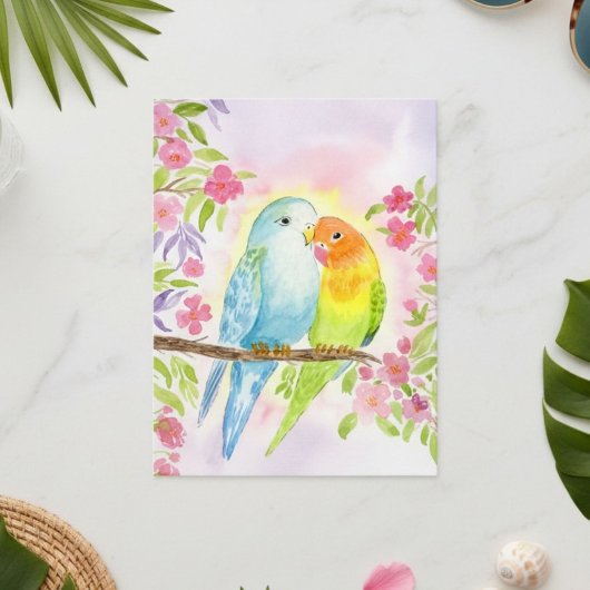 ウォーターカラーのラブバードとピンクの花 ポストカード