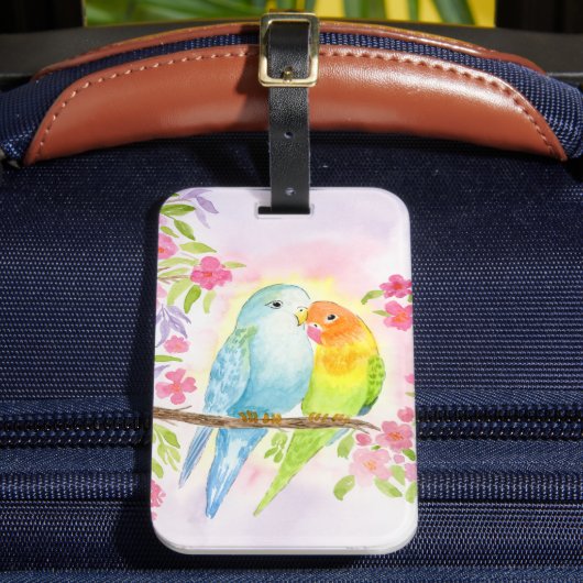 ウォーターカラーのラブバードとピンクの花 ラゲッジタグ (正面インサイチュ2)