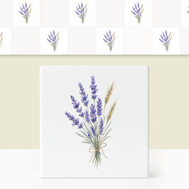 ウォーターカラーのラベンダーと小麦の穂の植物画 タイル