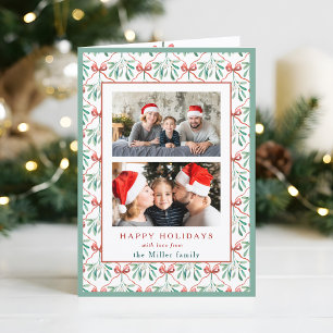 ウォーターカラーのリボンとヤドリギの2枚写真入りクリスマスカード シーズンカード