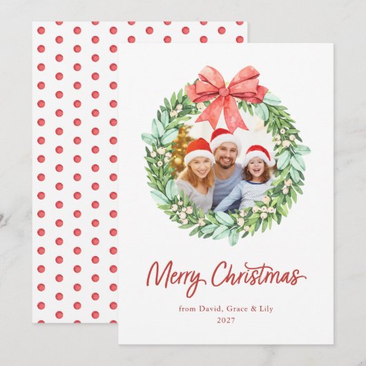 ウォーターカラーのリース メリークリスマス 写真と名前入り (正面/裏面)