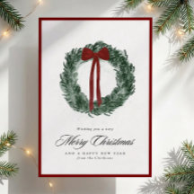 ウォーターカラーのリース 赤い縁取りの写真なし クリスマスカード