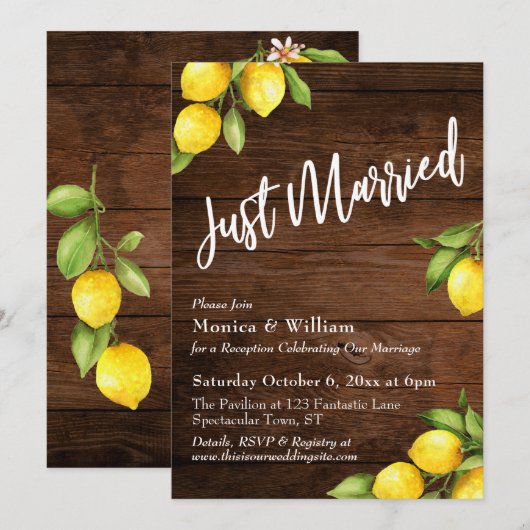 ウォーターカラーのレモンとラスティックウッドのJust Married 招待状 (正面/裏面)
