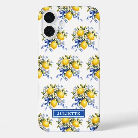 ウォーターカラーのレモンと青い花のモノグラム Case-Mate iPhoneケース (裏面)