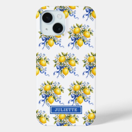 ウォーターカラーのレモンと青い花のモノグラム Case-Mate iPhoneケース (裏面)