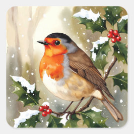 ウォーターカラーのロビンクリスマスデザイン スクエアシール