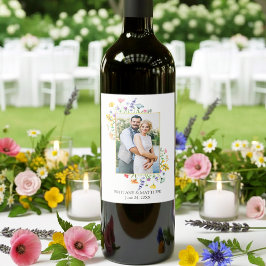 ウォーターカラーのワイルドフラワーの写真の結婚式のワイン ワインラベル