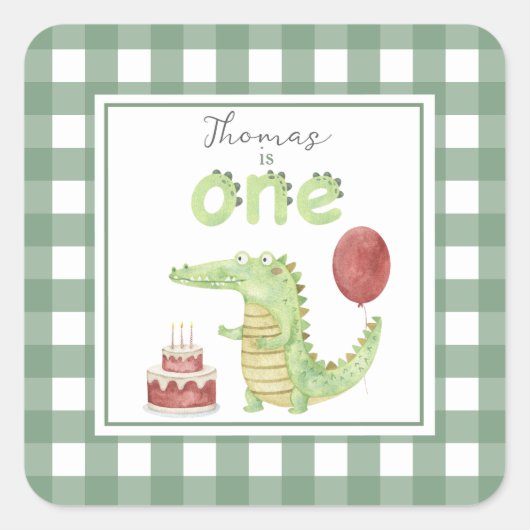 ウォーターカラーのワニの1歳の誕生日 スクエアシール (正面)