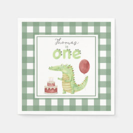 ウォーターカラーのワニの1歳の誕生日 スタンダードカクテルナプキン