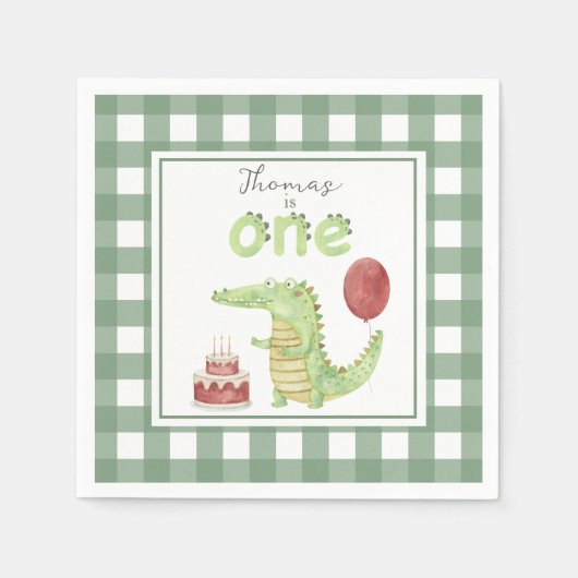 ウォーターカラーのワニの1歳の誕生日 スタンダードカクテルナプキン (正面)