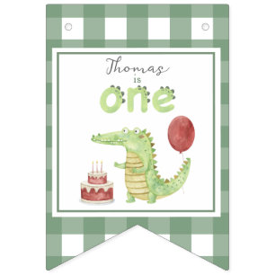 ウォーターカラーのワニの1歳の誕生日 バンティングフラッグ