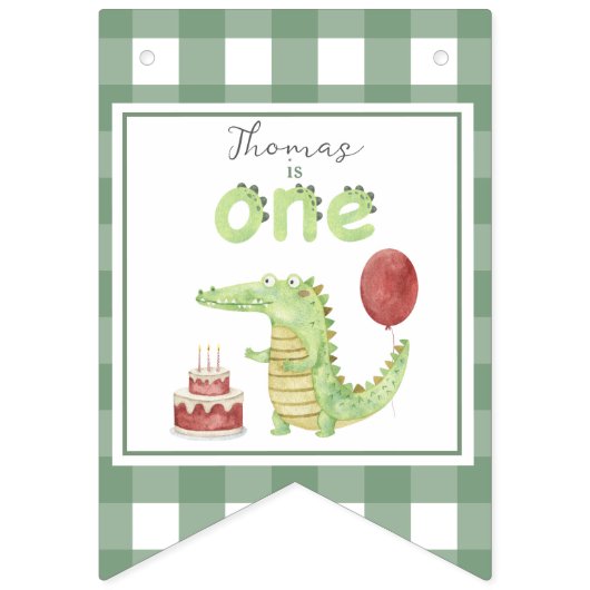 ウォーターカラーのワニの1歳の誕生日 バンティングフラッグ (第1の旗)