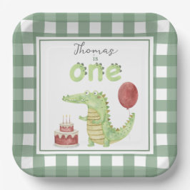 ウォーターカラーのワニの1歳の誕生日 ペーパープレート