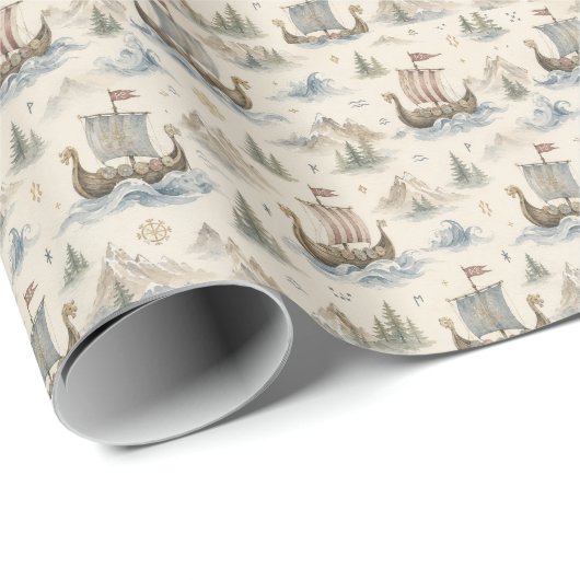 ウォーターカラーのヴァイキング船 ラッピングペーパー (ロールコーナー)
