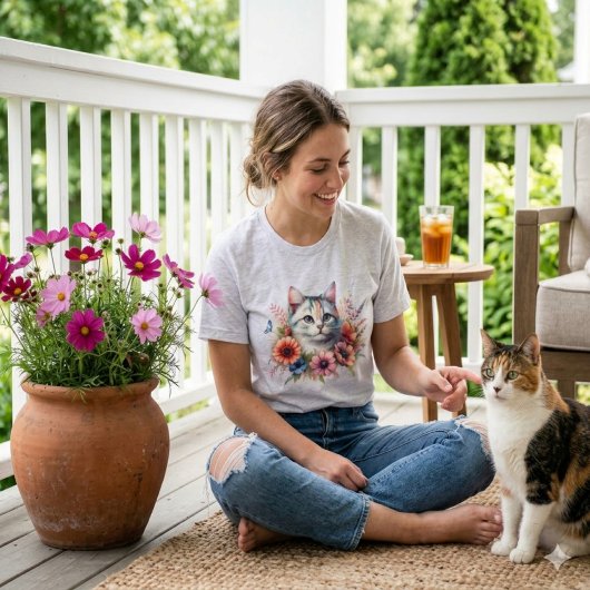 ウォーターカラーの三毛猫とコスモスの花 | ガーデンギフト Tシャツ
