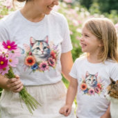 ウォーターカラーの三毛猫とコスモスの花 | ガーデンギフト Tシャツ