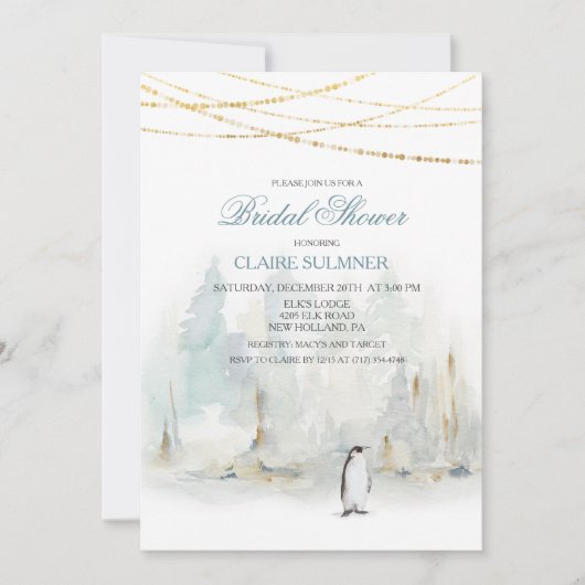 ウォーターカラーの冬のペンギンの結婚式前夜のパーティーの招待状 (正面)