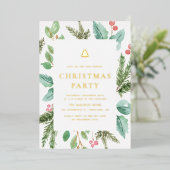 ウォーターカラーの冬の葉っぱ クリスマスパーティー 箔招待状 (立ち正面)