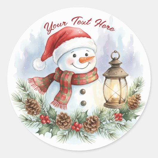 ウォーターカラーの可愛いクリスマススノーマン ラウンドシール (正面)