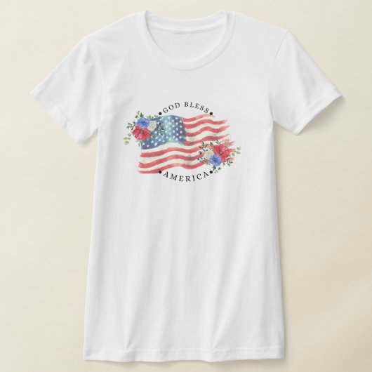 ウォーターカラーの国旗と花でアメリカを祝福 Tシャツ (レイダウン)