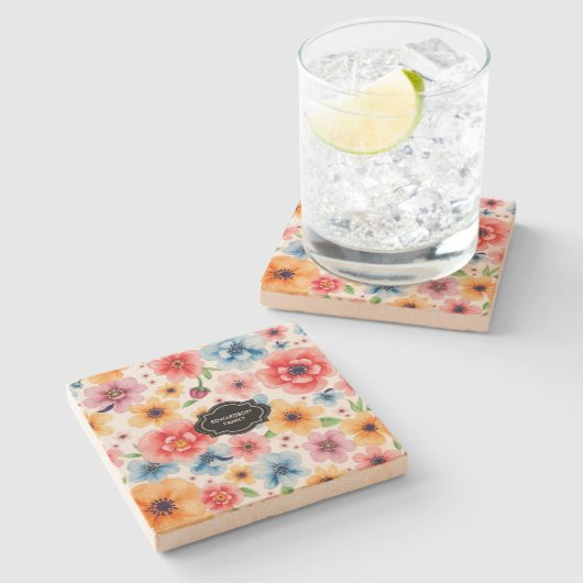 ウォーターカラーの夏の花柄モノグラム ストーンコースター (横)