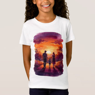 ウォーターカラーの夕日 ファミリーウォーク - シルエットアートTシャツ Tシャツ
