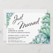 ウォーターカラーの多肉植物とモダンなタイポグラフィーが特徴の"Just Married"デザイン 招待状 (正面)